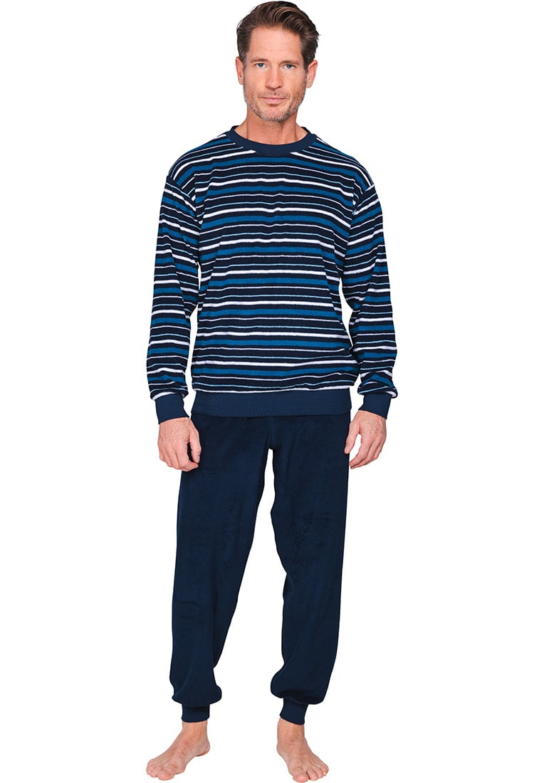 badstof-heren-pyjama-400pto-1.jpg Katoen badstof heren pyjama ronde hals lange mouw donkerblauw | Pyjama direct Pyjama direct - Afbeelding 1