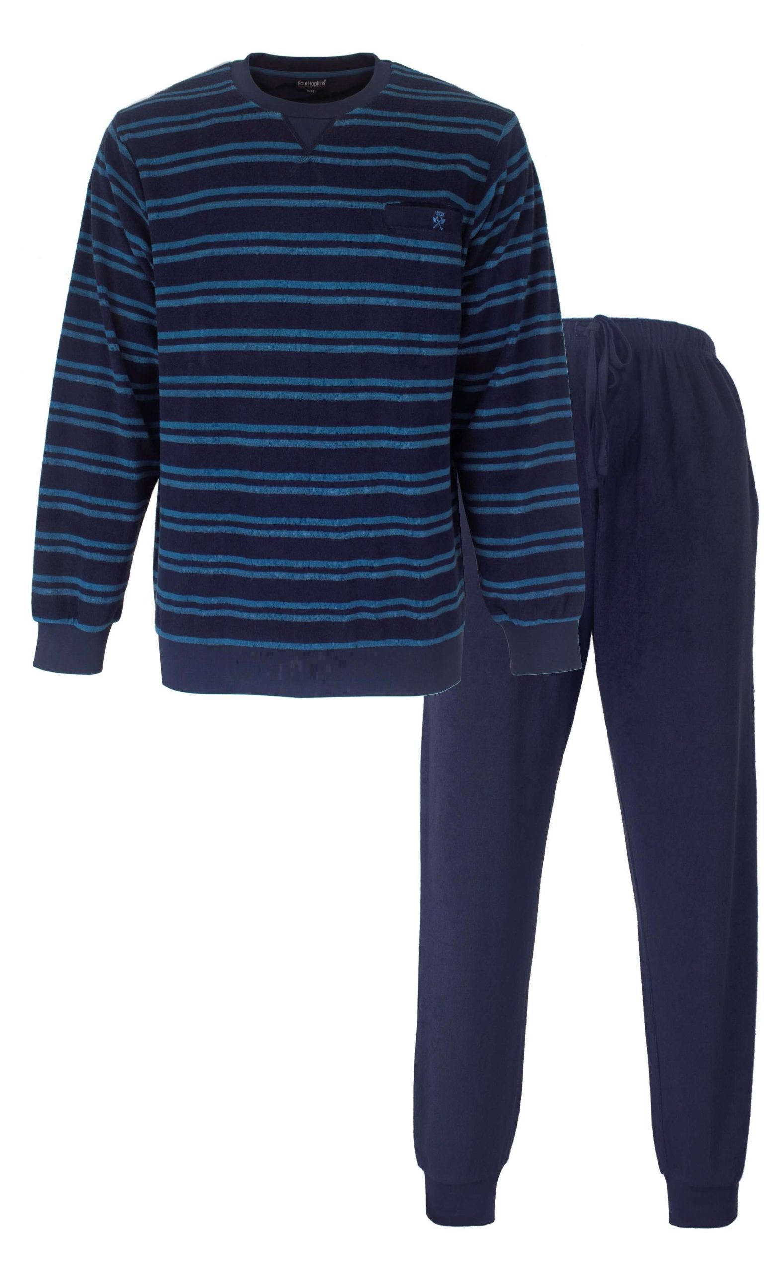 badstof-heren-pyjama-605znc-1.jpg Paul Hopkins Heren Pyjama Badstof Lange Mouwen Donker Blauw Maat S - Afbeelding 1