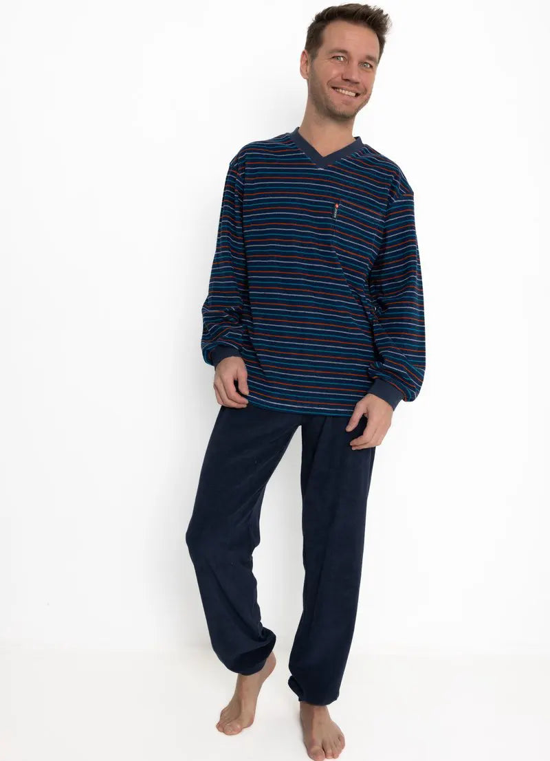 badstof-heren-pyjama-806okq-1.jpg Outfitter Badstof heren pyjama Winter streep – Sliponline - Afbeelding 1