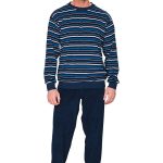Katoen badstof heren pyjama ronde hals lange mouw donkerblauw | Pyjama direct Pyjama direct