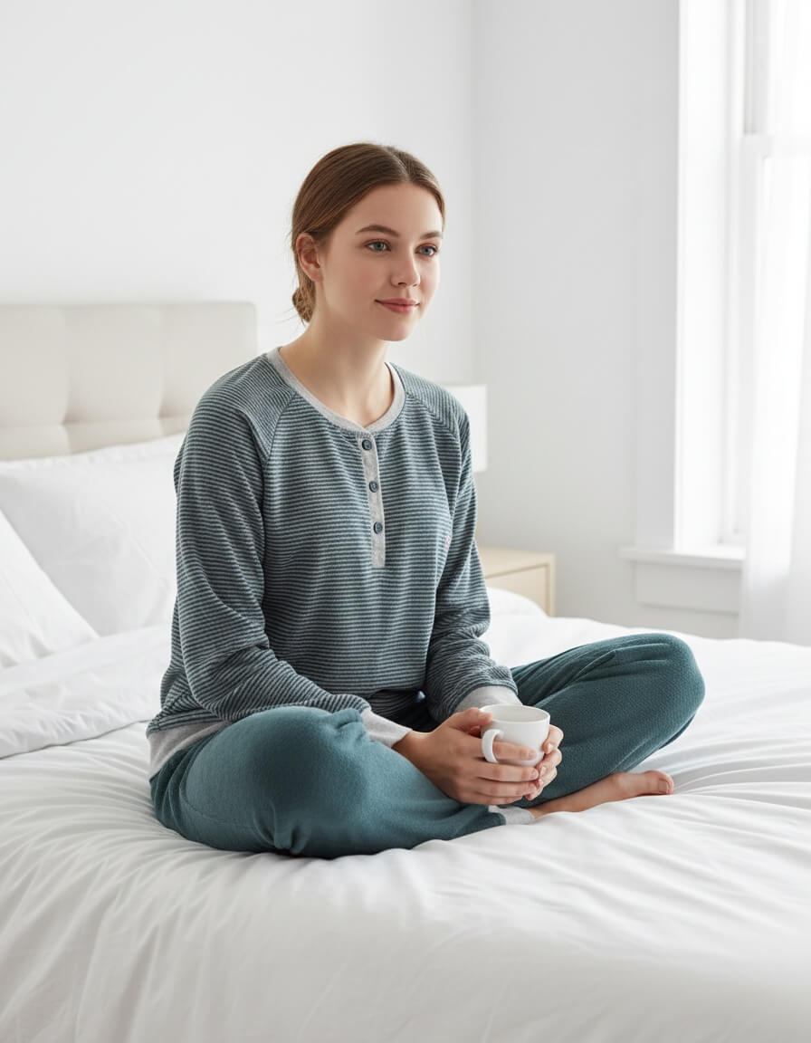 badstof-pyjama-806ghg-1.jpg Tenderness Dames Pyjama Badstof Lange Mouwen Petrol Groen Maat S - Afbeelding 1