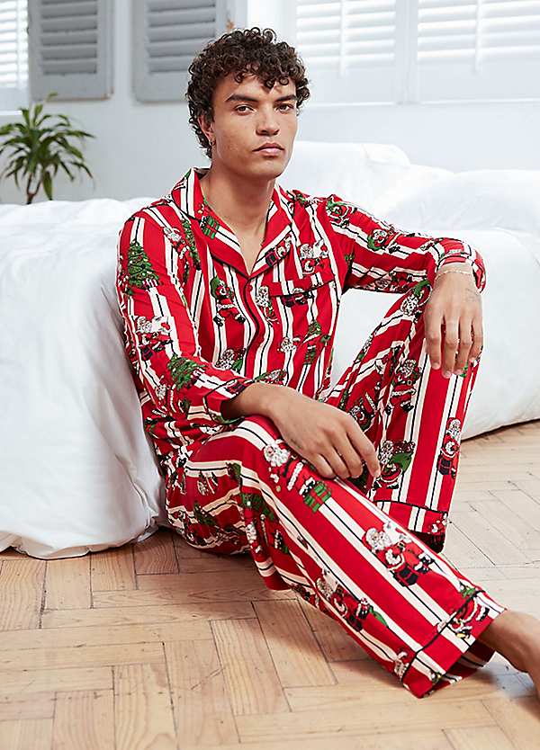 chelsea-peers-pyjama-427yrb-1.jpg Chelsea Peers Vintage Santa Stripe Button Up Men's Pyjama Set Red S - Afbeelding 1