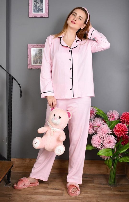 dames-pyjama-lange-mouw-159zbr-1.jpg Dames Pyjama | Katoen | Lange Mouw | Lange Pyjama Broek |2 delige set | Maat S| Roos | bol - Afbeelding 1