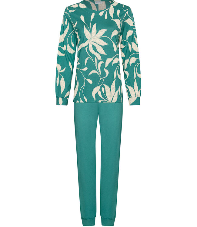 dames-pyjama-lange-mouw-616jua-1.jpg Pastunette Donkergroene damespyjama lange mouwen Artistic Flower - Afbeelding 1
