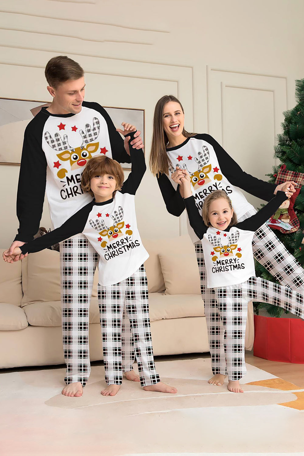 familie-pyjama-576vns-1.jpg Zwart wit geruite kerst herten familie pyjama set - Afbeelding 1