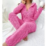 Dames warme Winter Onesie Maat S – Warme Fleece Pyjama met Capuchon | Dikke Nachtkleding en Loungewear Jacquard Print | Comfortabele Huispak Vrouwen