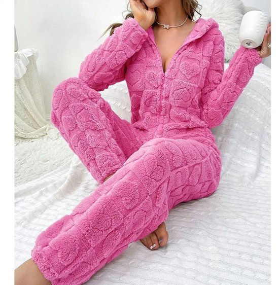 fluffy-pyjama-383fzk-1.jpg Dames warme Winter Onesie Maat S – Warme Fleece Pyjama met Capuchon | Dikke Nachtkleding en Loungewear Jacquard Print | Comfortabele Huispak Vrouwen - Afbeelding 1