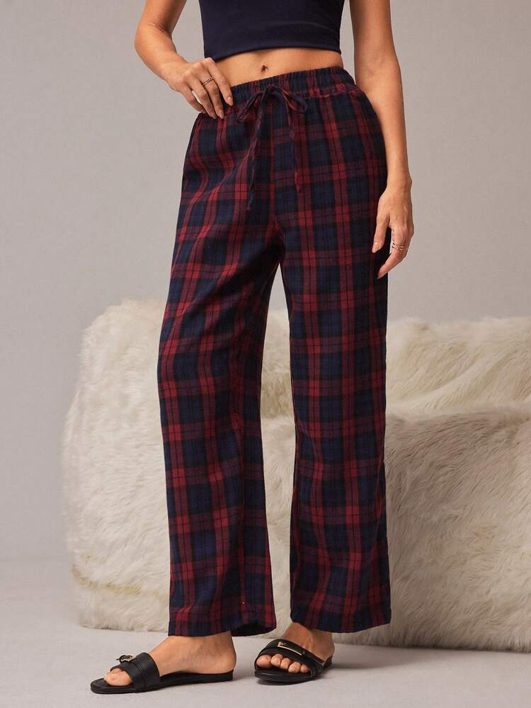 geruite-pyjamabroek-121fnn-1.jpg SHEIN Casual geruite pyjamabroek met elastische taille en rechte pijpen voor dames, voor herfst en winter | SHEIN Nederland - Afbeelding 1