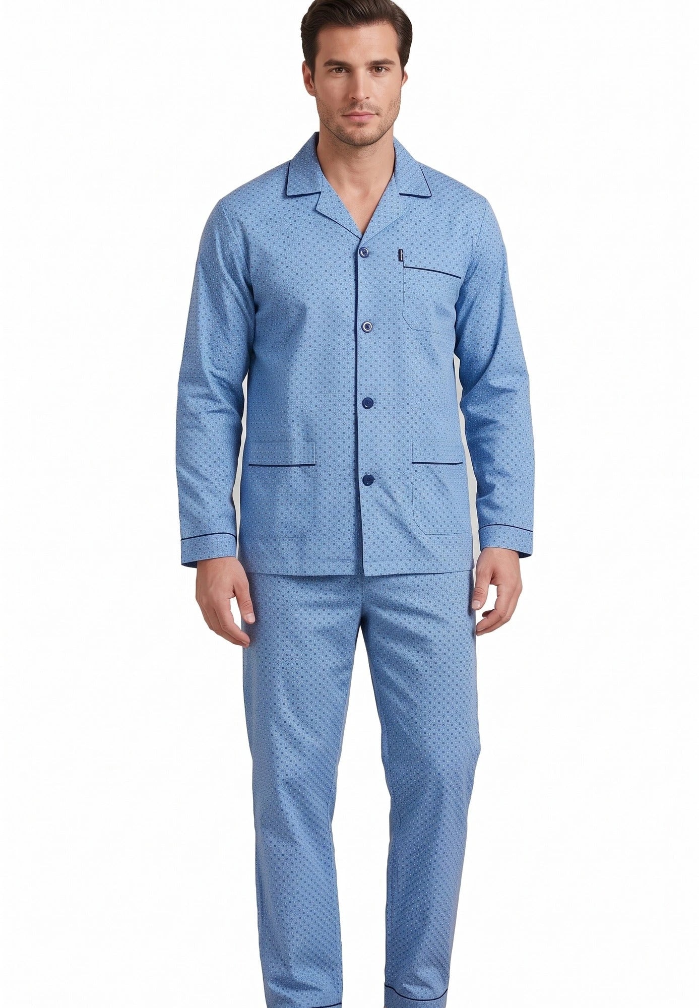 heren-pyjama-flanel-390gds-1.jpg Gentlemen flanellen heren pyjama Geruwd Lichtblauw - Afbeelding 1