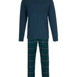 Pastunette for Men Donkerblauwe katoenen heren pyjama met flanel broek Forest Check
