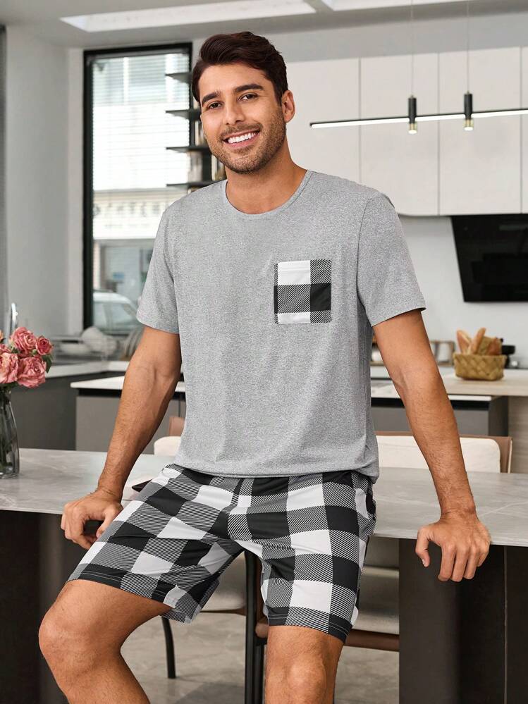 heren-pyjama-korte-broek-530ilq-1.jpg SHEIN Plaid Print Korte Mouw Shorts Heren Pyjama Set | SHEIN Nederland - Afbeelding 1