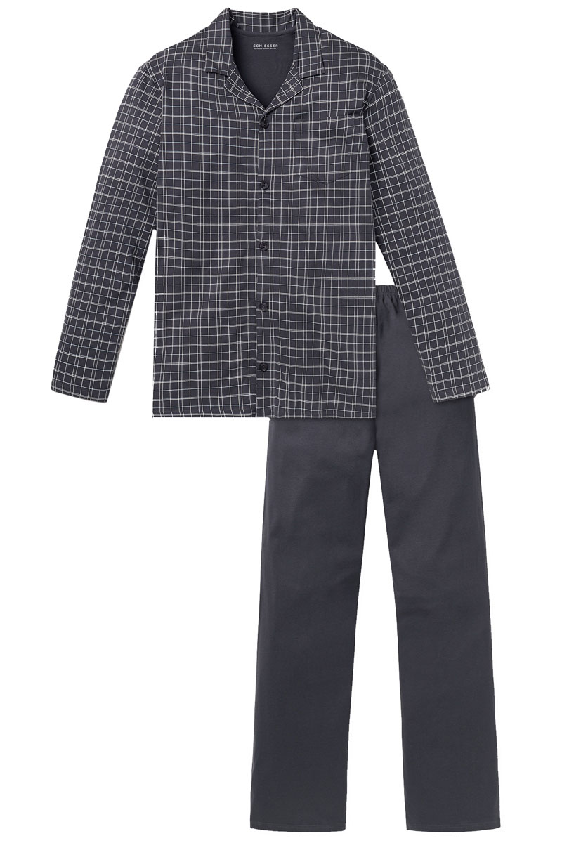 heren-pyjamas-440lby.jpg Schiesser Pyama's 159635 Grijs heren pyjama lang ruim katoen - Afbeelding 1