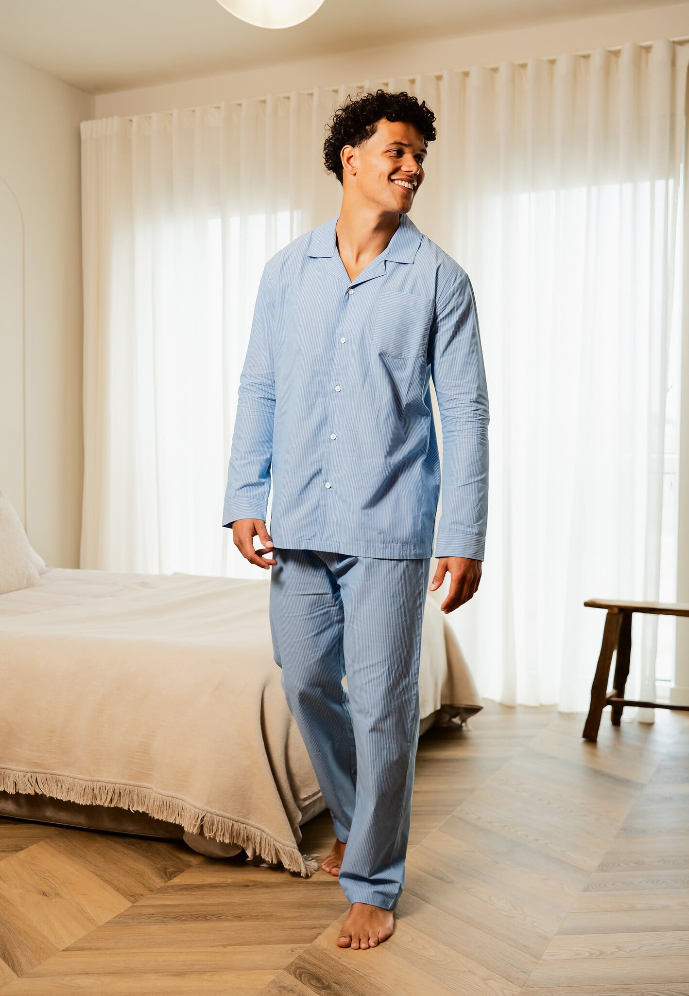 mannen-pyjama-576qxr-1.jpg Phil & Co Phil & Co Heren Pyjama Set Lang Geweven Katoen Lichtblauw Gestreept - Afbeelding 1