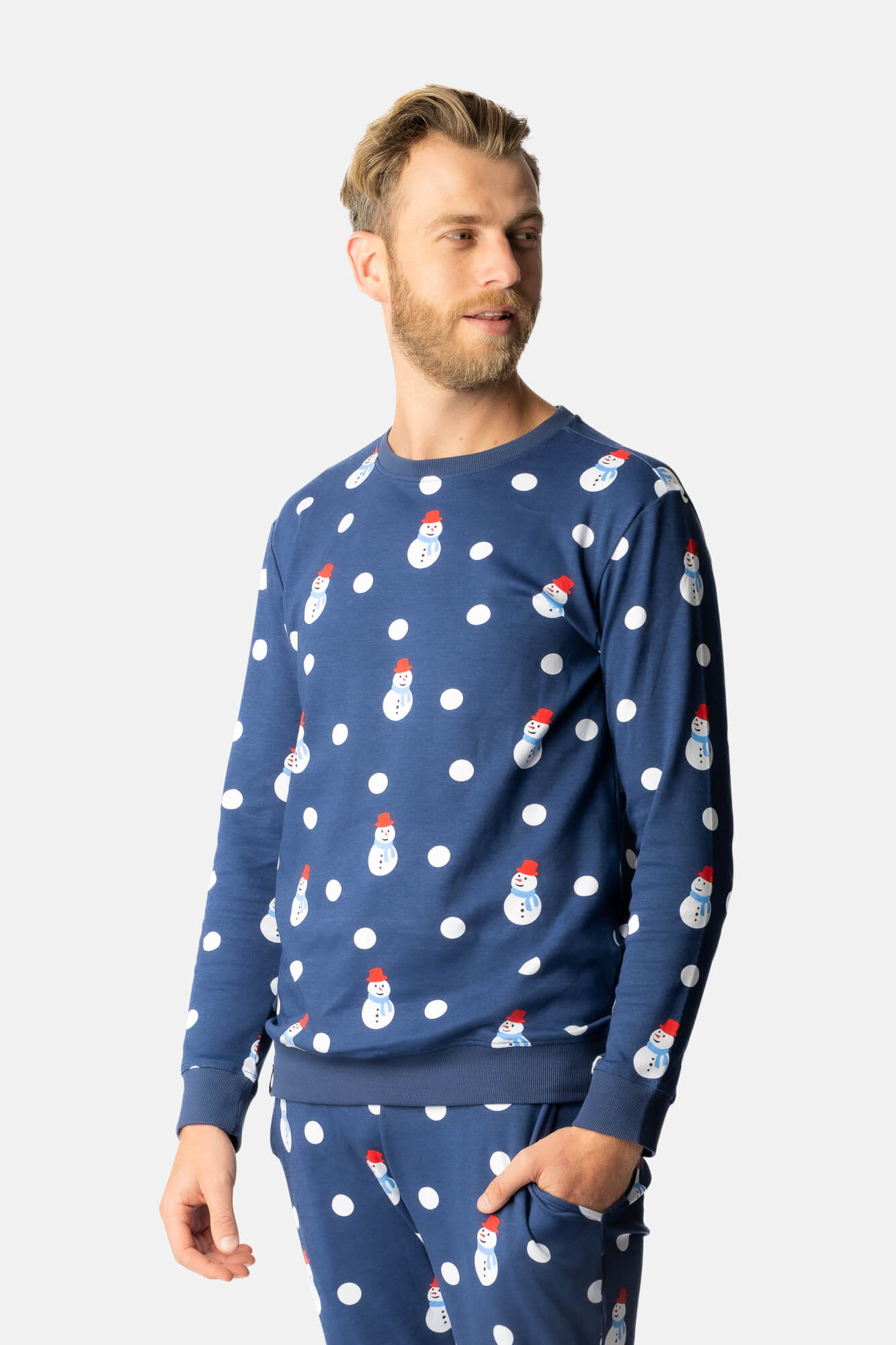 mannen-pyjama-953qmw-1.jpg Sneeuwpoppen heren pyjama | Donkerblauw katoen Happy Pyjama's - Afbeelding 1