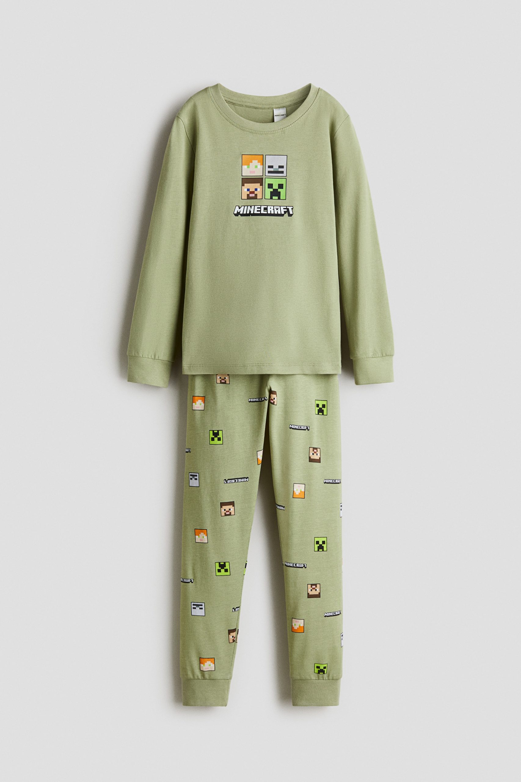 minecraft-pyjama-281qhe-1.jpg Pyjama van katoenen tricot met print Dusty groen/Minecraft KINDEREN | H&M NL - Afbeelding 1