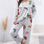 Comfortabele pyjamaset met dinosaurusprint voor dames in grote maten zachte gebreide stof, mix van polyester en spandex, top met lange mouwen en lange broek, geschikt voor lente, herfst en winter |