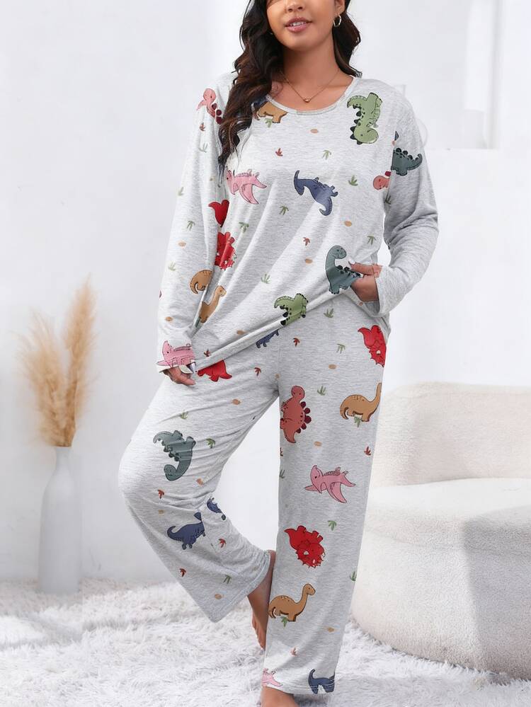 pyjama-dames-grote-maten-678duo-1.jpg Comfortabele pyjamaset met dinosaurusprint voor dames in grote maten zachte gebreide stof, mix van polyester en spandex, top met lange mouwen en lange broek, geschikt voor lente, herfst en winter | - Afbeelding 1