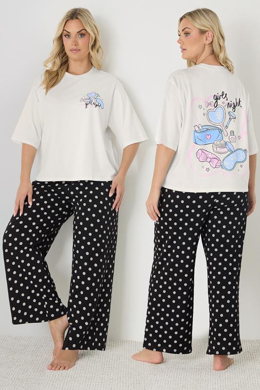 pyjama-grote-maten-113nvv-1.jpg YOURS Grote maten ivoorwitte 'Girls Night' pyjamaset met stippen | Yours Clothing - Afbeelding 1