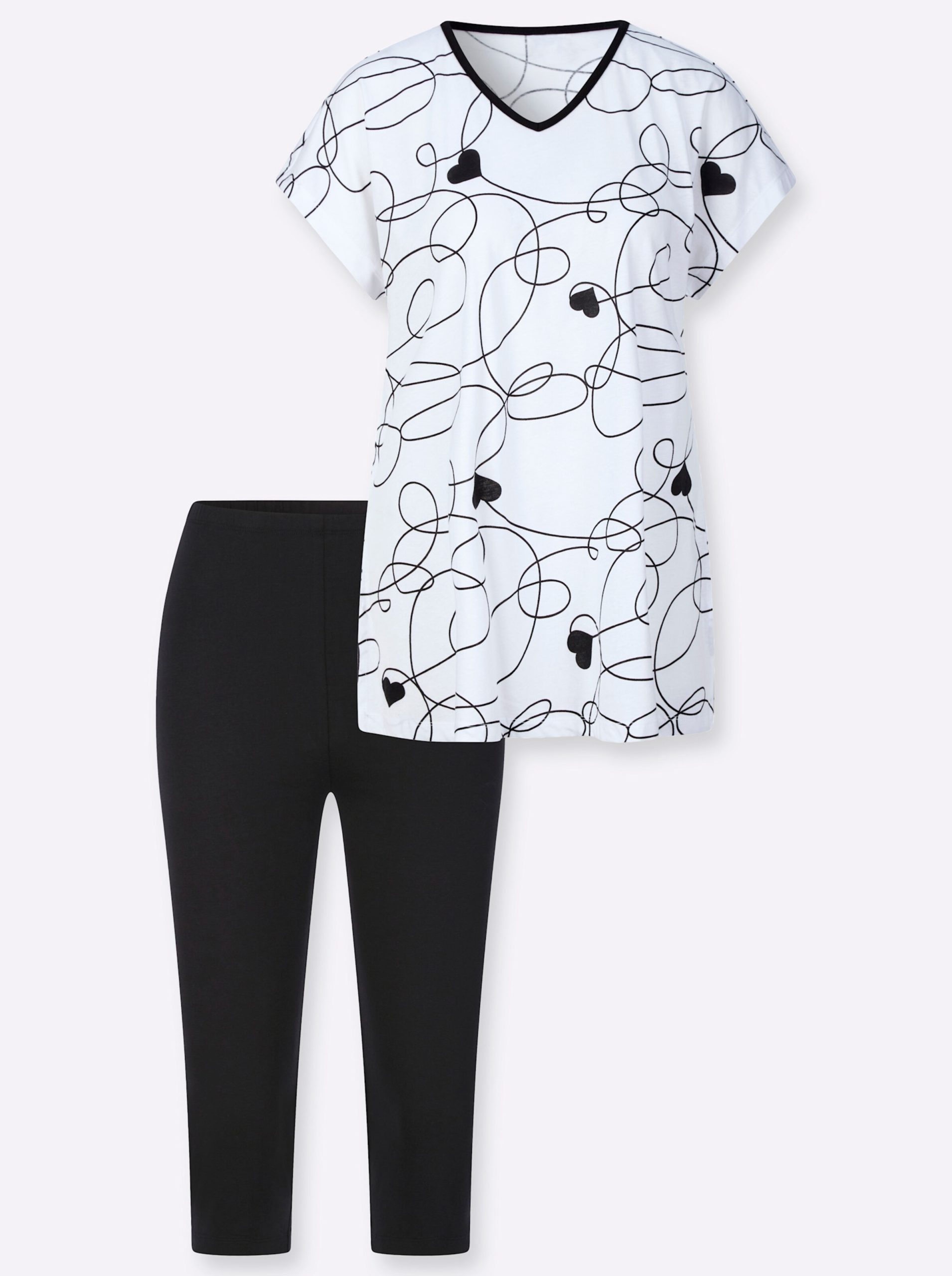 pyjama-legging-939cxb-1.jpg Capri pyjama bestaande uit lang shirt en legging in wit/zwart | Your Look... for less! - Afbeelding 1