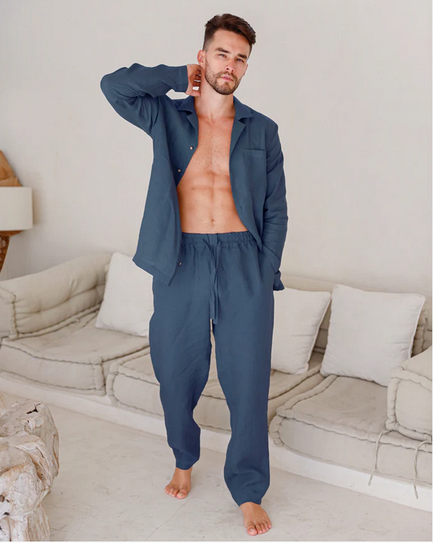pyjama-mannen-250fle.png Heren pyjama linnen blauw | forbodyandsoul - Afbeelding 1