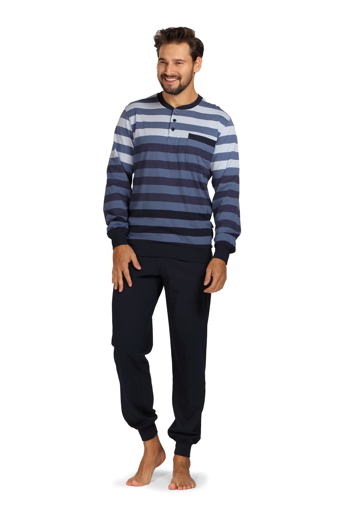 pyjama-mannen-466snl-1.jpg Comte heren pyjama katoen blauw gestreept Kosmeyer.nl - Afbeelding 1