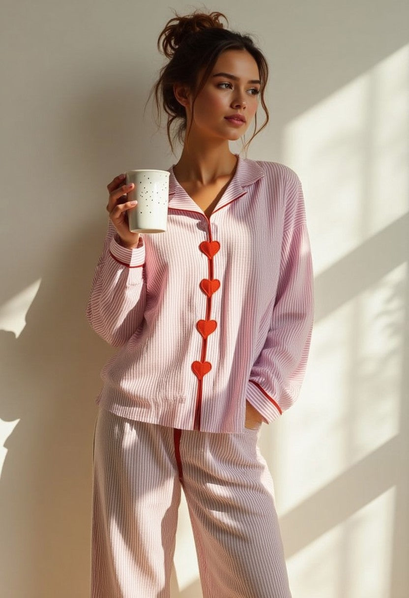pyjama-met-knoopjes-412zum-1.jpg Comfortabele Pyjama Set Dames Tweedelig Met Hartjes Knoopjes – Ella & Rose - Afbeelding 1