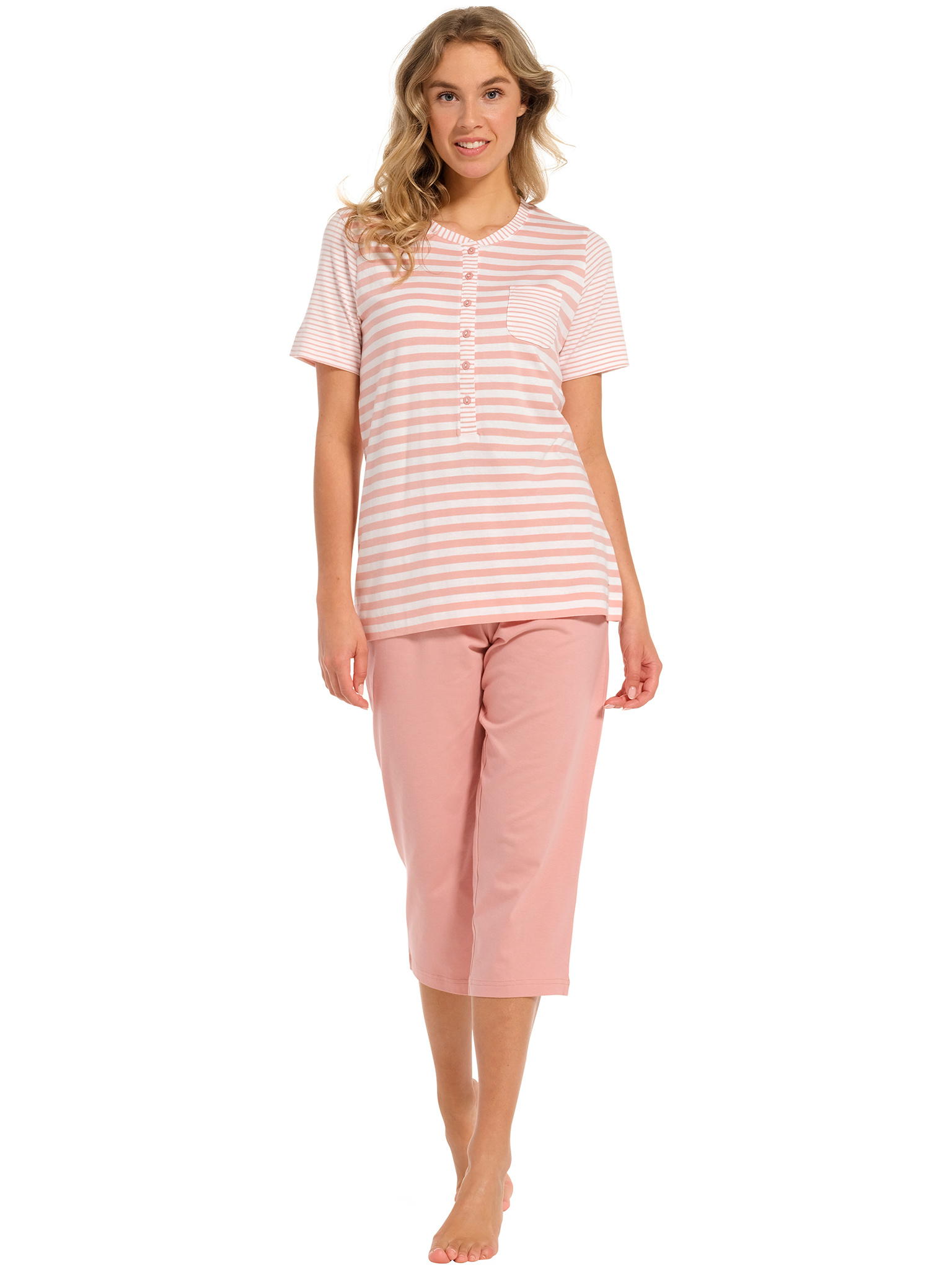 pyjama-vrouwen-074oev-1.jpg Pastunette dames pyjama capri broek roze gestreept - Afbeelding 1
