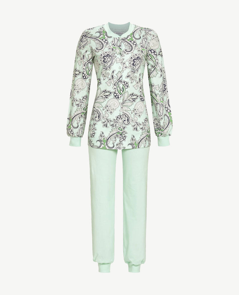 ringella-pyjama-dames-314aso-1.jpg Ringella Klassieke pyjama doorknoop met boordje Paisley groen, wit en navy - Afbeelding 1