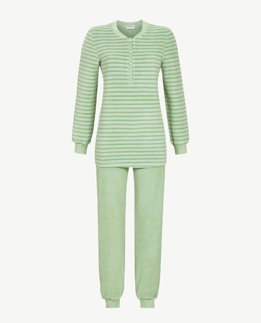 ringella-pyjama-dames-624fin-1.jpg Ringella Pyjama knoopsluiting Frottée badstof Zacht groen met wit - Afbeelding 1