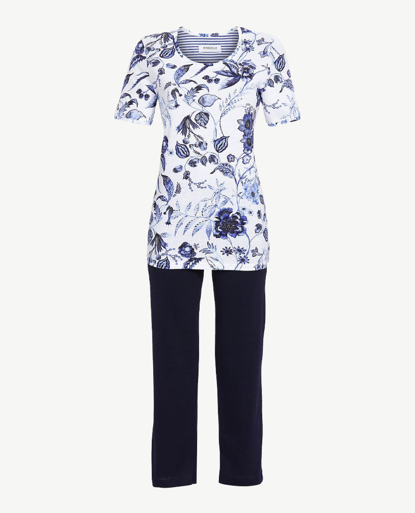 ringella-pyjama-dames-886vuo-1.jpg Ringella Pyjama lounge 7 8 broek ronde hals Bloem Navy met wit - Afbeelding 1
