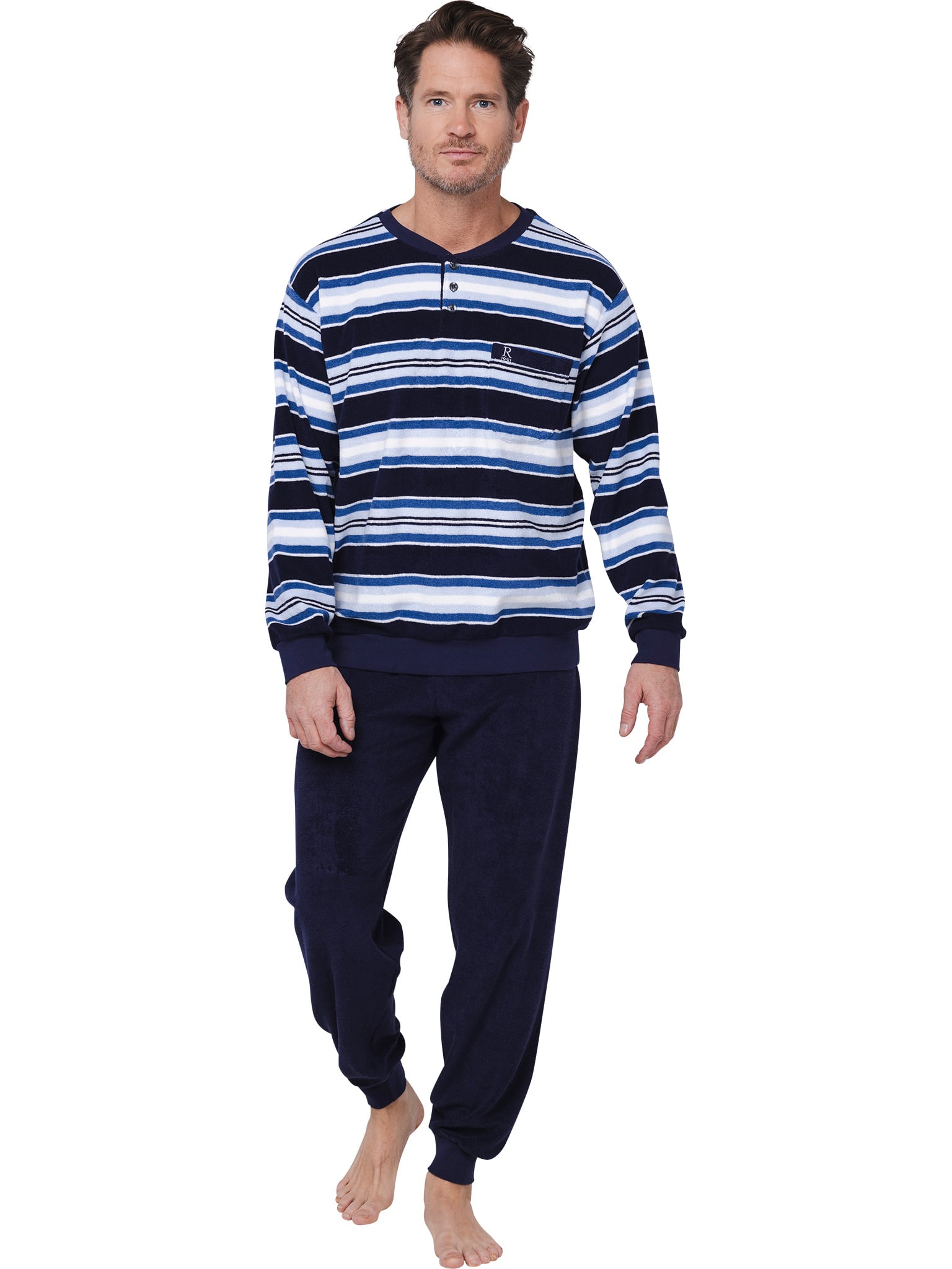 robson-pyjama-528lui-1.jpg Robson badstof heren pyjama blauw gestreept - Afbeelding 1