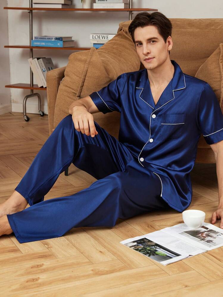 satijnen-pyjama-heren-278ayc-1.jpg Provexi Provexi Heren contrasterende biezen satijnen top en broek PJ set / pyjamaset | SHEIN Nederland - Afbeelding 1