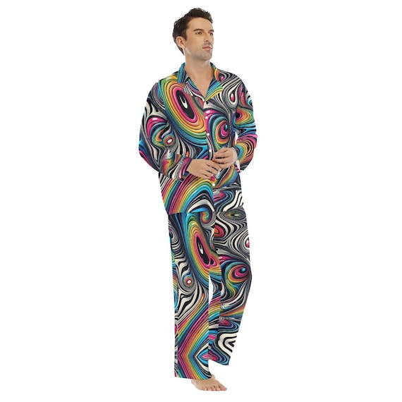 satijnen-pyjama-heren-837tvd-1.jpg Trippy Rave Heren Satijnen Pyjama met Knoopsluiting Nachtkleding Cadeau Herenkleding Loungewear Luxe Pyjama's Verjaardag Psychedelisch Fractaal Regenboog Festival Etsy Nederland - Afbeelding 1
