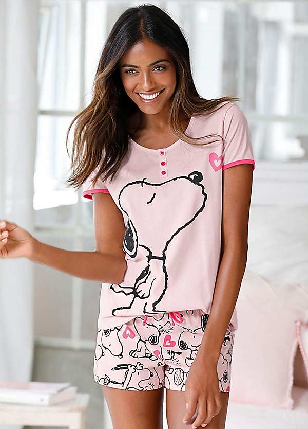 snoopy-pyjama-264cab-1.jpg Peanuts Snoopy Heart Print Short Pyjamas Light Pink 6/8 - Afbeelding 1