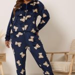 YOURS Plus Size Marineblauwe Teddybeer Print Onesie | Yours Clothing