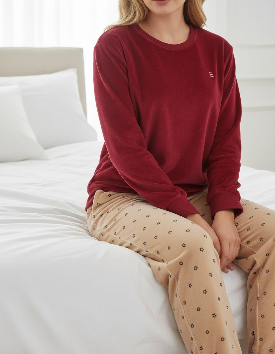 velours-pyjama-dames-856twz-1.jpg Irresistible Dames Pyjama Lange Mouwen Ronde Hals Velours Rood Maat S - Afbeelding 1