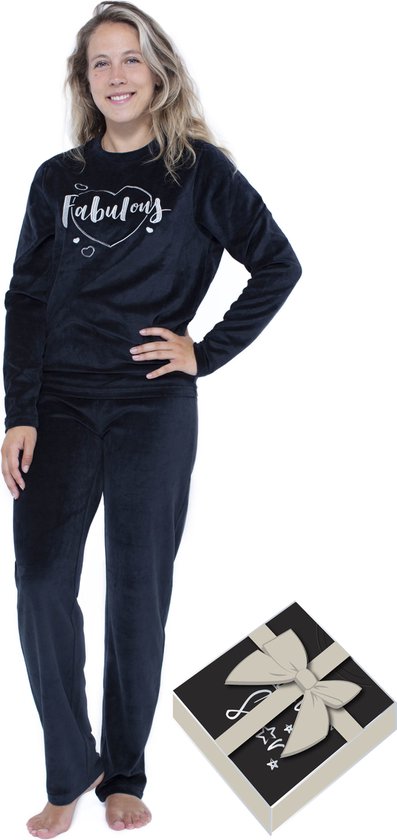velours-pyjama-dames-950sca-1.jpg Dames velours pyjama lounge set huispak in geschenkdoos, maat S, kleur zwart | bol - Afbeelding 1