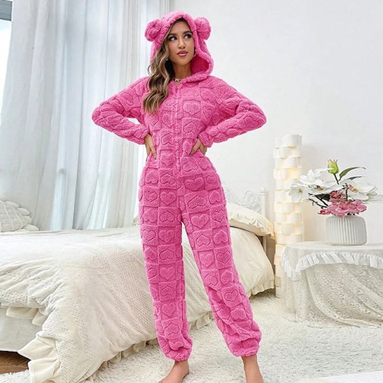 warme-pyjama-404wsj-1.jpg Dames Warme Winter Onesie Maat M – Warme Fleece Pyjama met Capuchon | Dikke Nachtkleding en Loungewear Jacquard Print | Comfortabele Huispak Vrouwen - Afbeelding 1