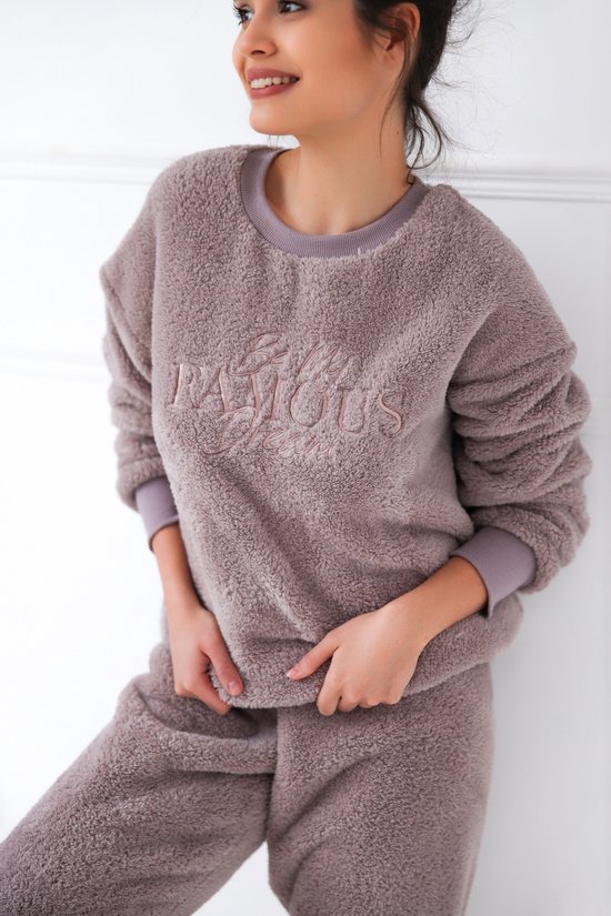 warme-pyjama-702tqr-1.jpg Cadeau Voor Dames Warme Pyjama Damespyjama Set – Warme Pluizige Fleece Loungebroek Met Oversized Trui, 2 delig - Afbeelding 1