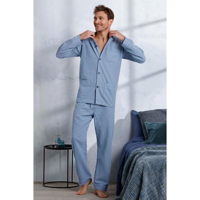 warme-pyjama-heren-367hve-1.jpg Flanellen doorknoop heren pyjama blauw | Gratis verzending en retour | Online de mooiste pyjama's, nachthemden, ondermode en meer - Afbeelding 1