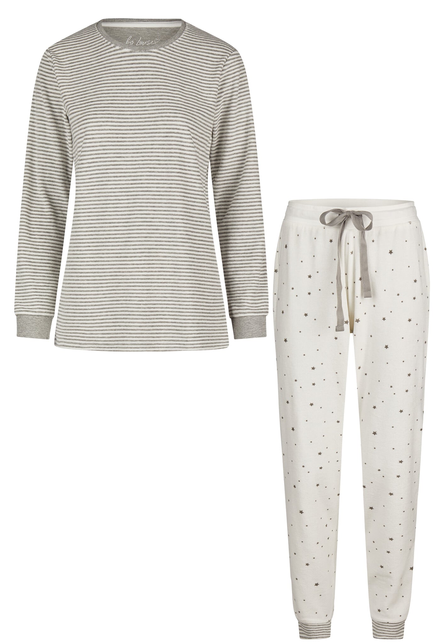 winter-pyjama-430blt-1.jpg By Louise Dames Winter Pyjama Set Lang Badstof Gestreept Wit - Afbeelding 1