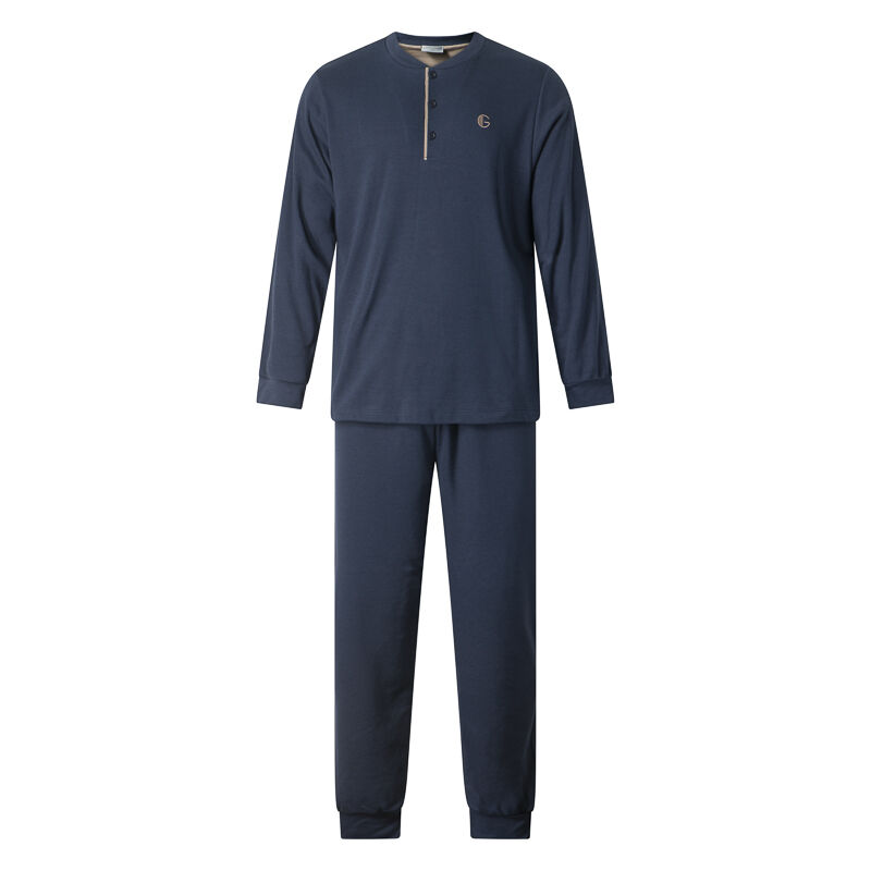 winter-pyjama-heren-623dmw-1.jpg Gentlemen aangeruwde winter heren pyjama 114293 warm interlock knoophals donkerblauw - Afbeelding 1