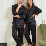 Zijden Pyjama met Lange Mouwen Voor Paar (totaal 4 stks) Wijn / S / XS