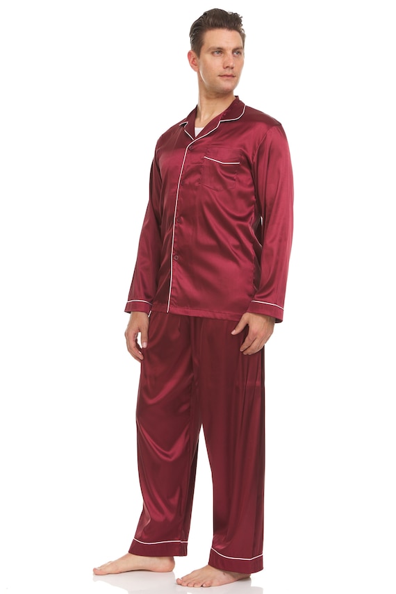 zijde-pyjama-915ubx-1.jpg Heren zijden satijnen pyjama pyjama set boven en onder bordeaux witte biezen Etsy Nederland - Afbeelding 1