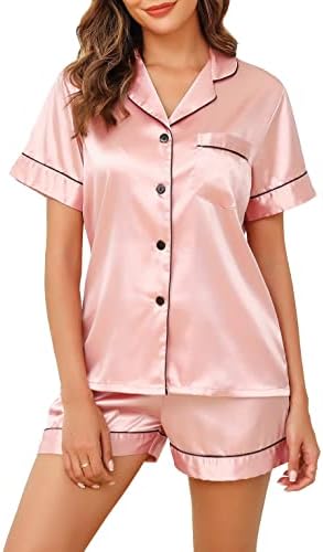 zijde-pyjama-993dnh-1.jpg Vlazom Zijden pyjama voor dames, satijnen pyjama met korte mouwen, 2 delige pyjamasets, knoopsluiting, nachtkleding, loungewear, S XXL, M : Amazon.nl: ... - Afbeelding 1