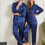 Zijden Pyjama met Lange Mouwen Voor Paar (totaal 4 stks) Wijn / S / XS