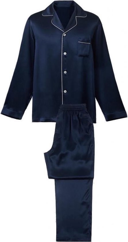 zijden-pyjama-heren-013qdl-1.jpg Silkmood Zijden Pyjama Heren Lange mouwen en broek Oxford blauw L | bol - Afbeelding 1