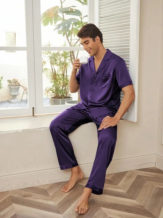 zijden-pyjama-heren-349hxe-1.jpg pyjama set heren paars satijn sexy goedkoop zijde glans nachtmode mannen lange broek... | bol - Afbeelding 1