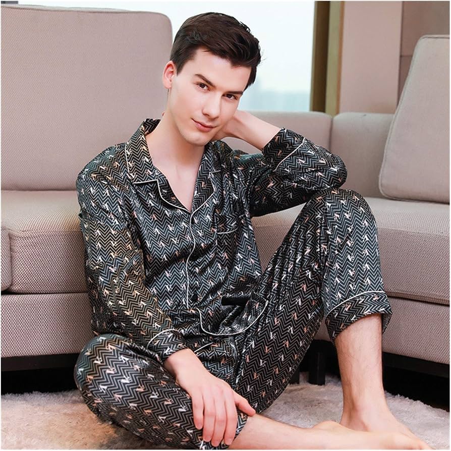 zijden-pyjama-heren-640qdn-1.jpg Mchodare Zijden Pyjama Heren Satijnen Lange Mouwen Pyjamaset Met Knopen En Zakken Heren Nachtkleding Set - Afbeelding 1