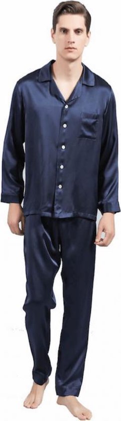 zijden-pyjama-heren-969jwp-1.jpg Zijden pyjama set heren (Marine blauw) | bol - Afbeelding 1